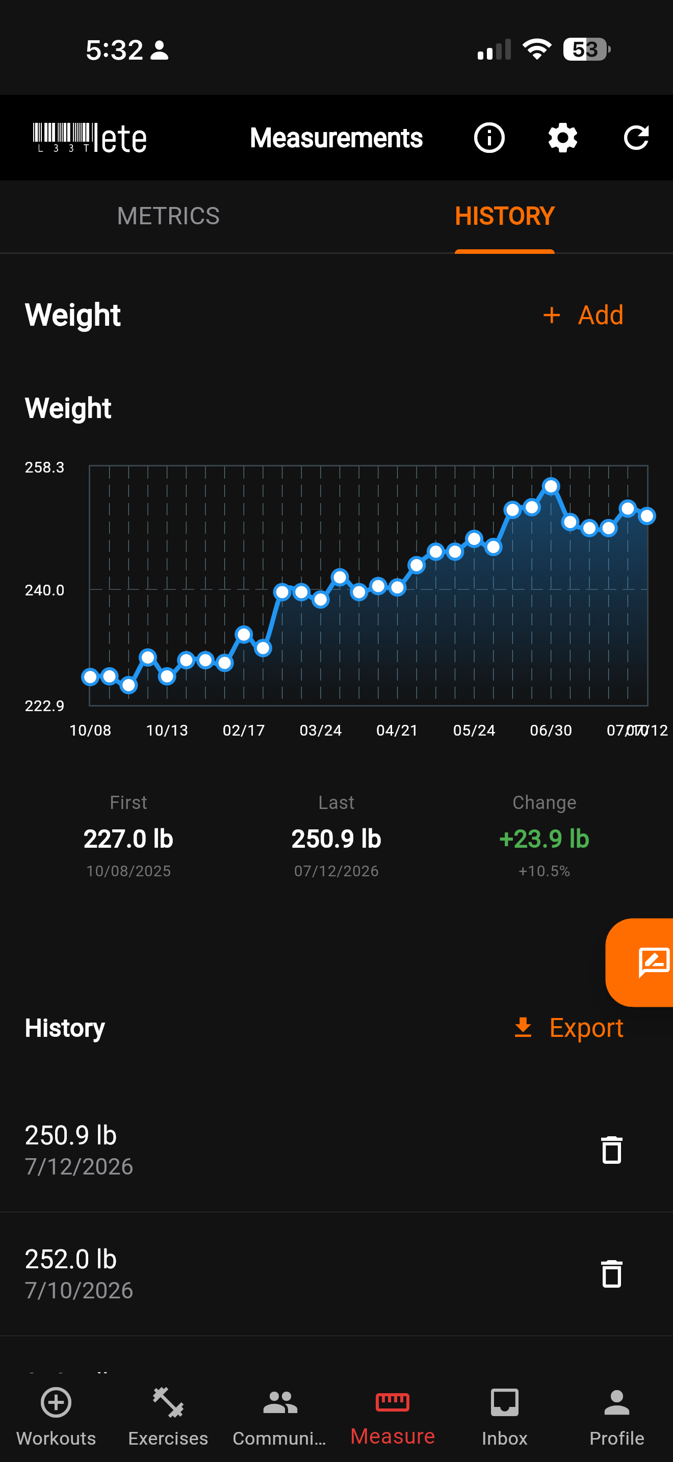 Measurement history graph in the L33Tlete app
